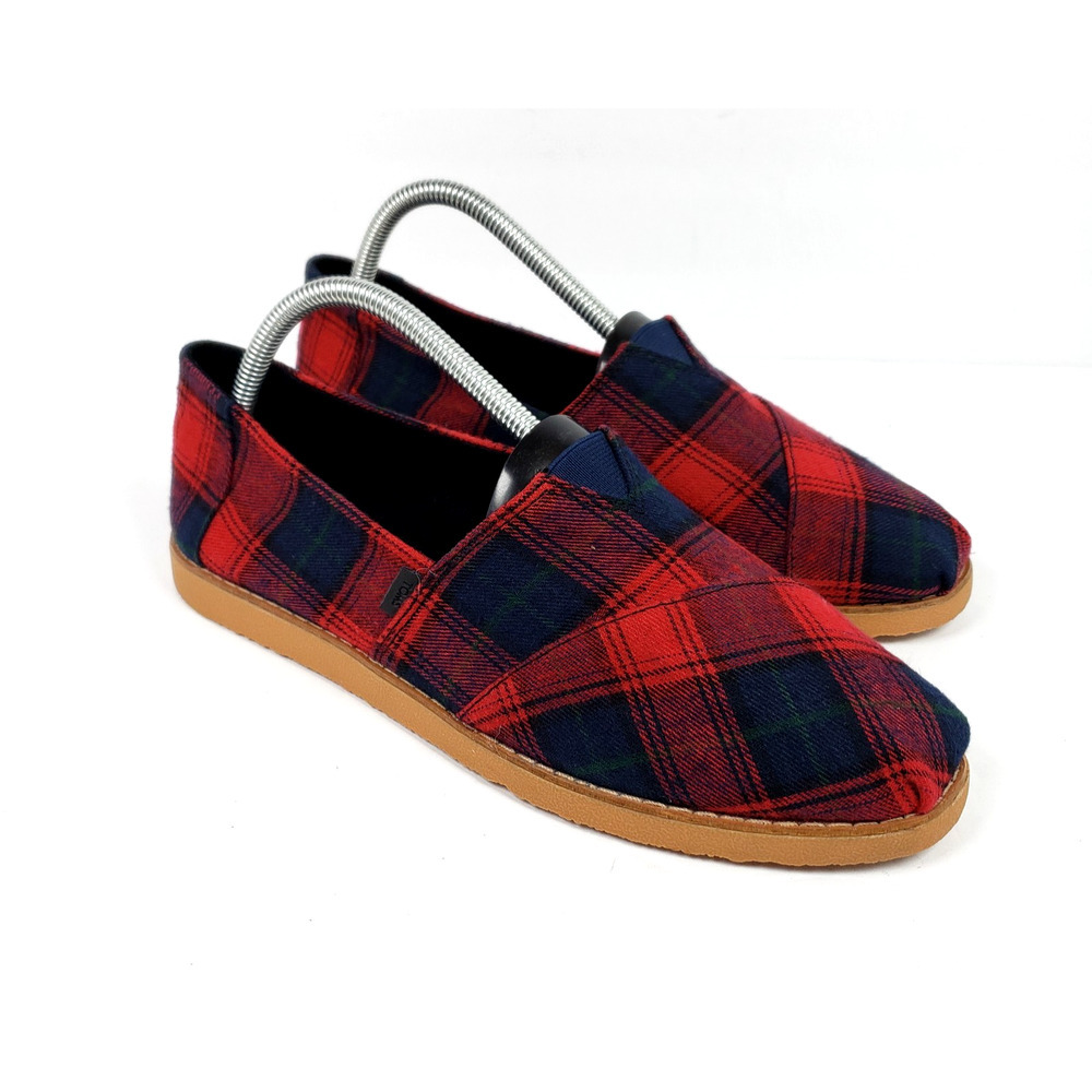 Toms Womens Size 10 Red Blue Tartan Plaid Flannel Slip On Loafer Shoes 10013060